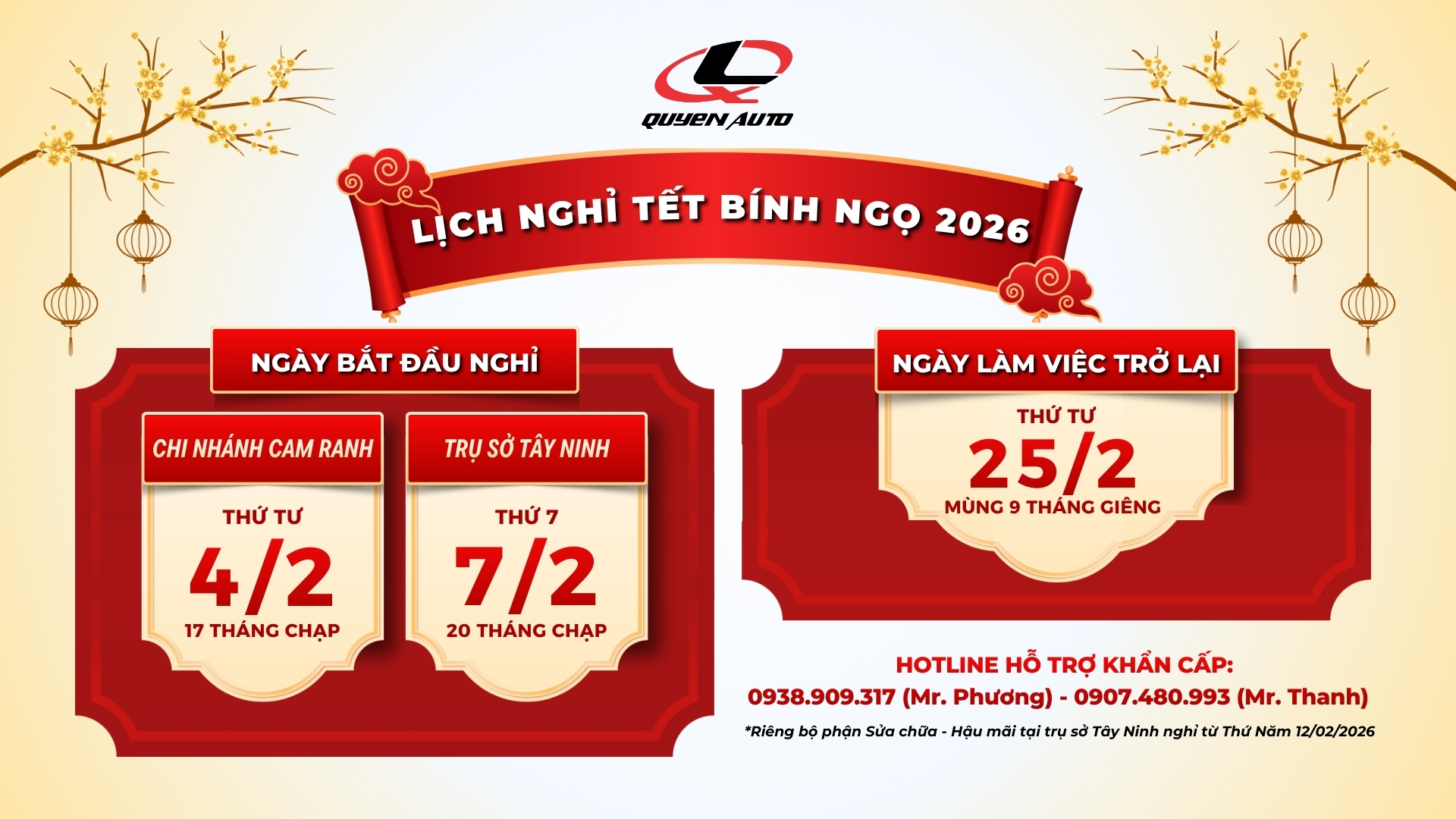 Lịch nghỉ Tết nguyên đán Bính Ngọ 2026 tại Quyen Auto