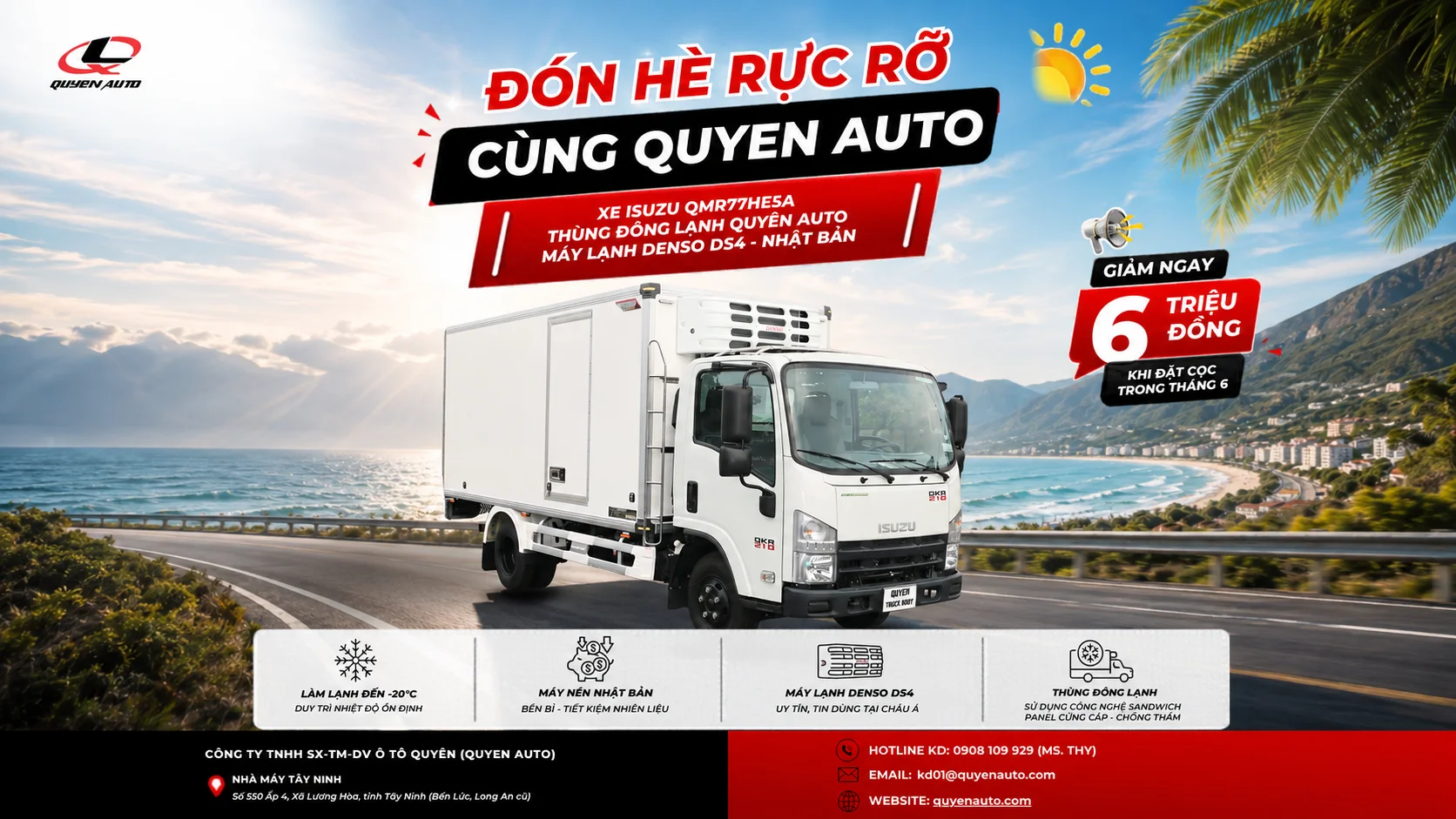 Ưu đãi tháng 6 xe đông lạnh Isuzu QMR77HE5A kết hợp thùng đông lạnh Quyen Auto và máy lạnh DENSO DS4 giảm ngay 6 triệu đồng