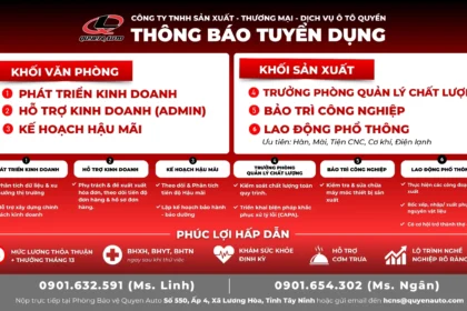 Quyen Auto tuyển dụng nhiều vị trí khối văn phòng và sản xuất tại Tây Ninh năm 2026