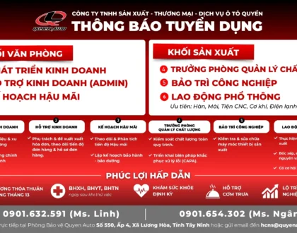 Quyen Auto tuyển dụng nhiều vị trí khối văn phòng và sản xuất tại Tây Ninh năm 2026